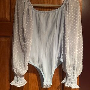 Light Blue Swiss Dot Bodysuit with Puff Sleeves